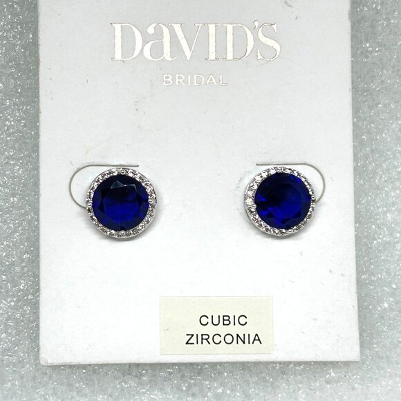 David's Bridal Cubic Zirconia Sapphire Blue Halo Post Earrings NWT - Picture 2 of 8